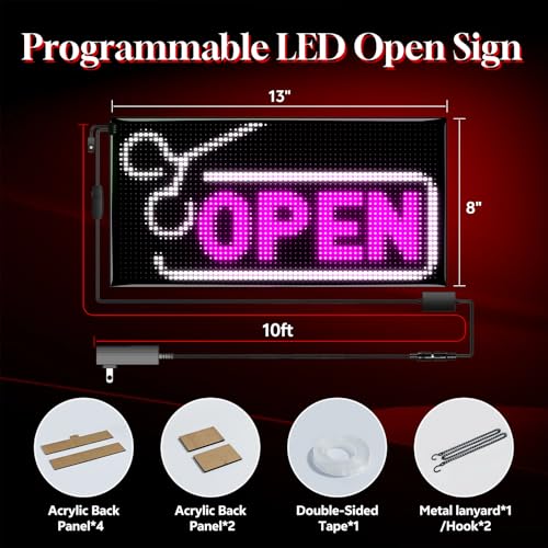 Image of Programmable LED Open Sign, P5 Resolution Indoor Store LED Sign, Bluetooth APP, for Business Retail Shop Window Display (13 inch x 8 inch /P5 Res.)