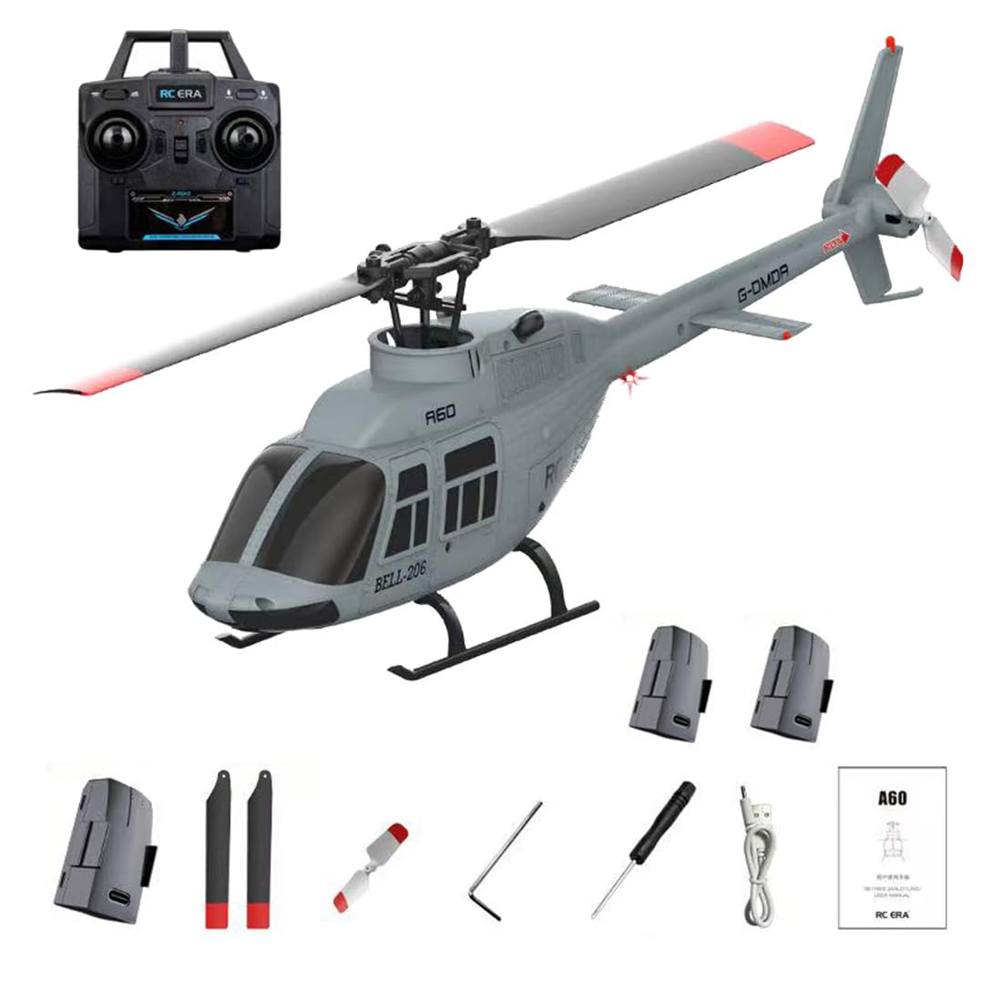 RC ERA A60 Bell 206 RC Helicopter for Adults, 1/42 Scale Single Rotor Flapless RC Helicopter, 6G 6CH Remote Control Aircraft Model with Altitude Hold & One-Key Takeoff Landing (RTF/3Battery)