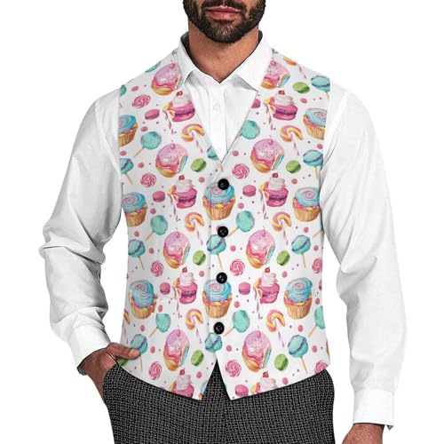 Lollipop Candy Macaroon Cupcake Suit Vest for Men Slim Fit Tuxedo Waistcoat Button V Neck Business Coat