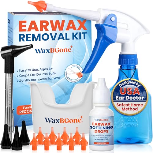 WaxBGone® Ear Wax Removal Kit with Otoscope, Earwax Drops, SoftSpray® Irrigation Tips, 4X High