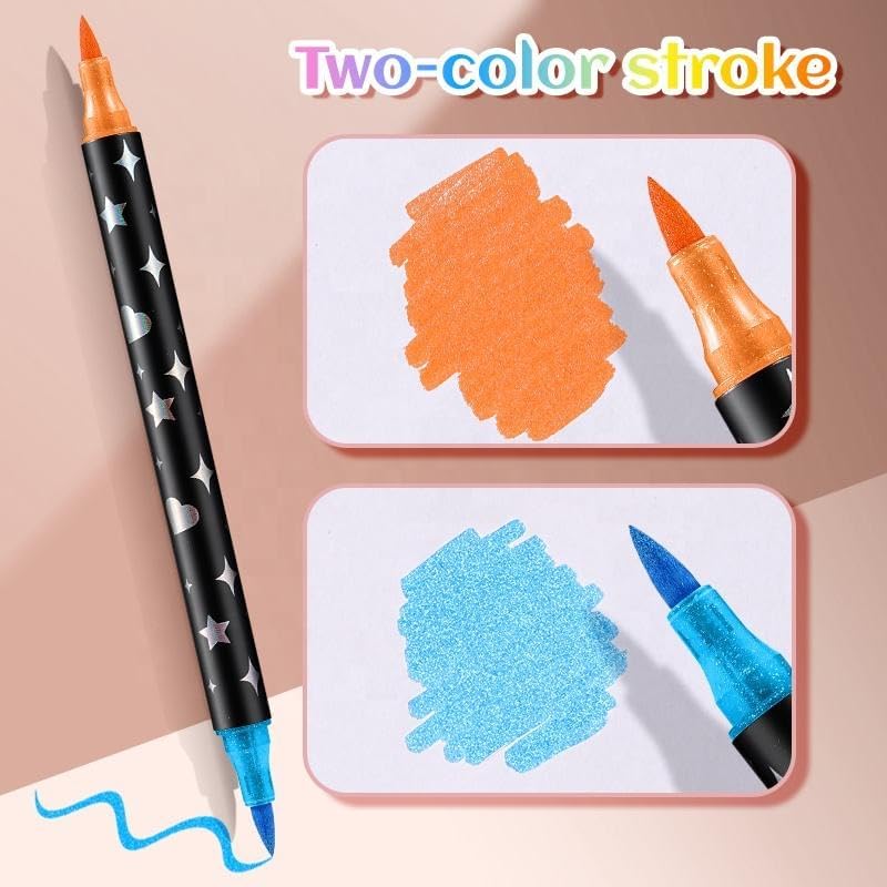 Image of Amitasha 12 Color Shades Art Marker Glitter Brush Pen Set Soft Dual Tip Water-based Shimmer Colors Sketch Pen for Kids Adults DIY Greeting Birthday Cards Scrapbook (6 Pen = 12 Colours)