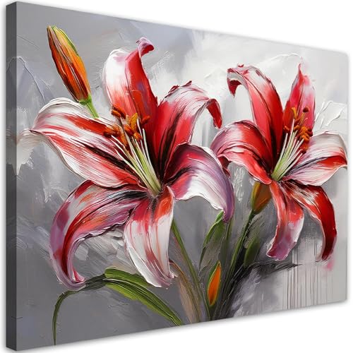 Feeby - Tableau sur Toile - Decoration Murale Peinture - Lys rouges Fleurs peintes - 30x20 1partie - Chambre Toiles Intissé - Tableaux chambre à coucher -...