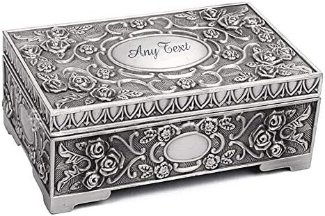 EDSG Personalised Mothers Day Jewellery Box for Women Engraved Trinket Box for Girls Vintage Silver Jewelry Case Wedding Birthday Anniversary Christmas (Any Text)
