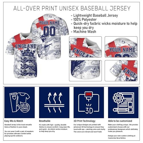 Camiseta personalizada de béisbol Inglaterra para hombre, camiseta Inglaterra para mujer, regalo Inglaterra tallas S-5XL miniatura 5