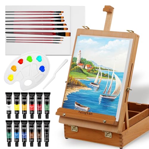 Falling in Art Beechwood Easel Box Set, 27 Pcs Tabletop Acrylic Paint Set, Portable Display Easel Stand with 12 Acrylic Paints, Canvas Panels and Brushes, Suitable for Beginners and Professionals