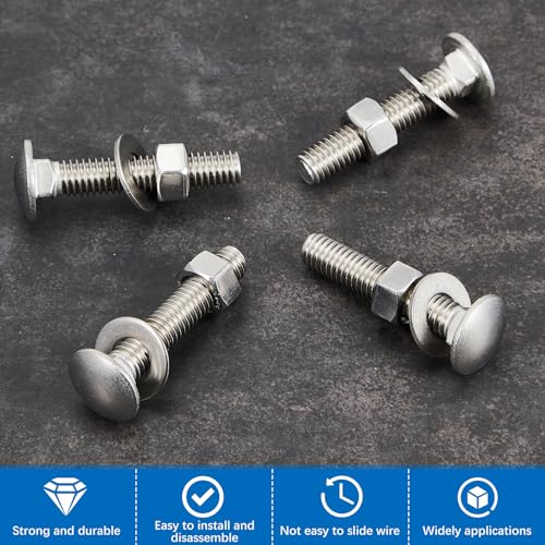 Image of Zonon 25 Sets 3 /8-16 x 2 Stainless Steel Carriage Bolts and Nuts Kit Round Head Square Neck Carriage Bolts Screws and Hex Nuts and Flat Washers, Stainless 18-8 Full Thread Coverage (Silver)