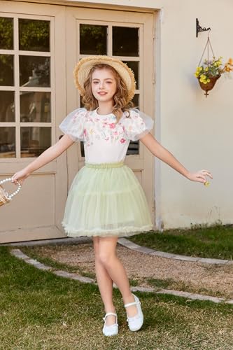 Arshiner Girls Shirts Mesh Puff Short Sleeves Blouse Crewneck Cute Print Summer Kids Tee Tops4