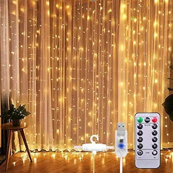 One94Store Fairy Curtain String Lights Warm White 300 LED with 8 Modes Remote Control, Adjustable Brightness and USB Plug for Indoor Outdoor Decoration (Warm White Color, 3 X 3 Meter) Plastic