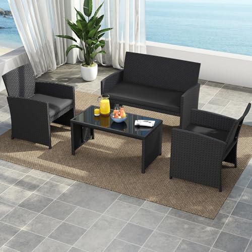 Image of Tangkula 4 Pieces Patio Wicker Furniture Set, Outdoor Heavy Duty Rattan Cushioned Chairs, Loveseat and Tempered Glass Coffee Table, for Backyard, Balcony, Poolside (1, Black)