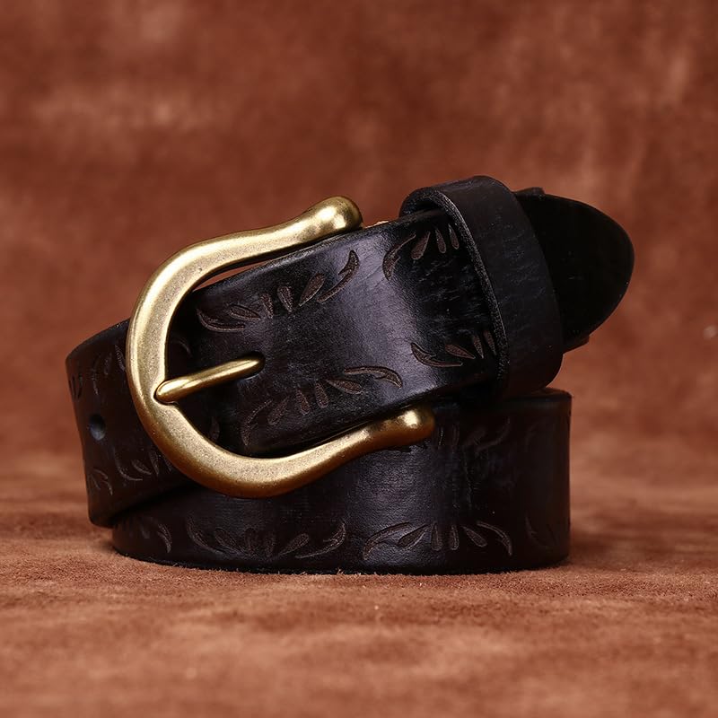 Thick 5.5mm Carved Distressed Leather Embossed Belt - Vintage Sanded Top Grain Cowhide Strap with Solid Brass Buckle3