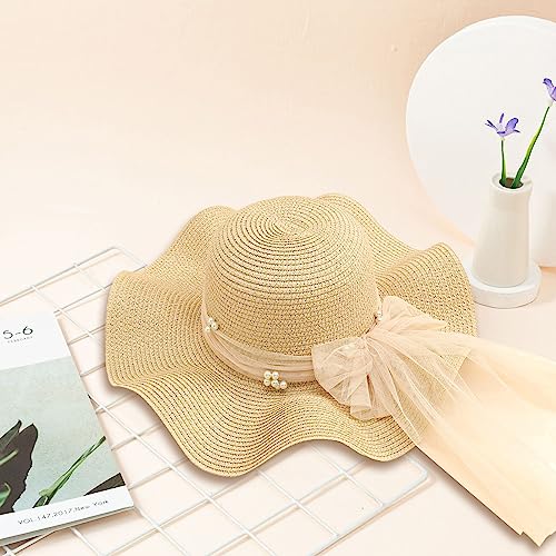Kids Girl Summer Straw Hat Foldable Wide Brim Cap Sun Visor Hats Sun Protection Beach Straw Hats Bowknot Floppy Cap For Travel Holiday (Beige) #TOP5