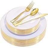Nervure 125PCS Christmas Plastic Plates - Disposable White and Gold Rim Plates Include 25 Dinner Plate, 25 Salad Plate, 25 Forks, 25 Knives, 25 Spoons for Christmas & Parties & Father's Day