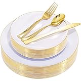 Nervure 125PCS White and Gold Rim Plastic Plates - Disposable Gold Plastic Plates - 25 Guest Gold Rim Plastic Plates - 75PCS Gold Plastic Silverware Ideal for Wedding & Party