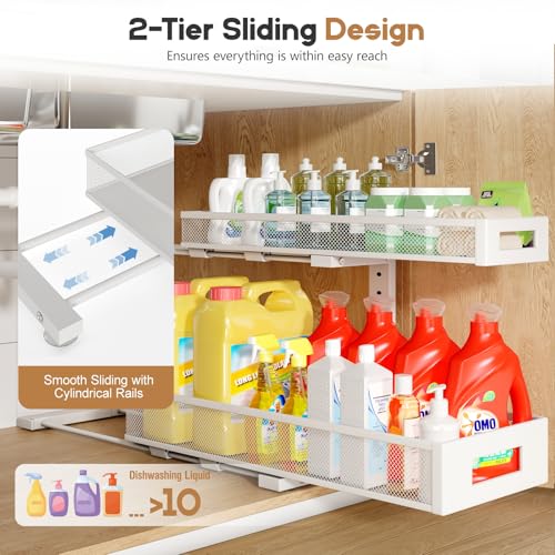 Image of 2 Pack 20.47IN Depth Under Sink Storage Organizer, Large 2-Tier Elegant Mesh Pull Out Shelf for Kitchen and Bathroom Cabinet Organization, L-Shaped and Adjustable Height Design-White