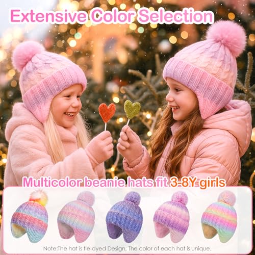 Girls Rainbow Beanie with Earflap,Kids Warm Pom Pom Twisted Knit Winter Hat Ski Skull Cap for Toddler Girls Age 3-84