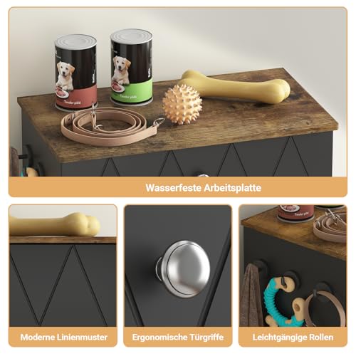 Haustier-Futterschrank mit Lagerschrank, Futterschrank Hund mit 2 Edelstahlnäpfen & 3 Haken, Hundefutterstation mit Schubladen & Verstellbarer Ablage, Hundebar für Hunde, 61x35,5x82,5cm (Schwarz)