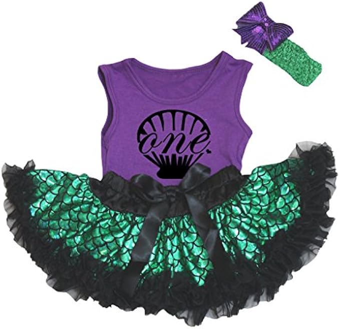 Petitebella One Shell Purple Shirt Green Fish Scale Mermaid Baby Skirt 3-12m