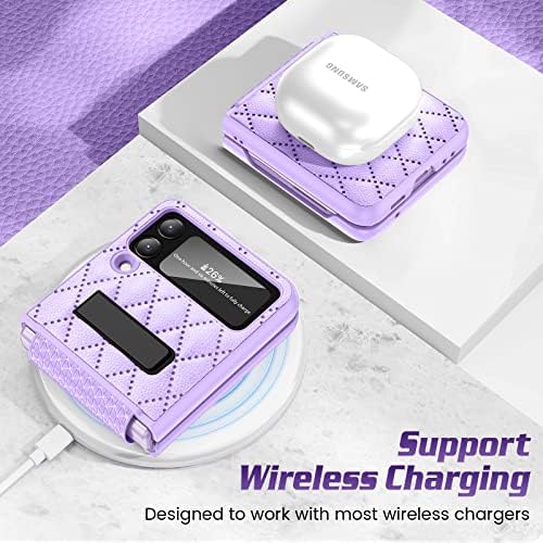 Doeshine for Samsung Z Flip 3 Case, Galaxy Z Flip 3 Case with Kickstand & Build-in Camera Cover, Wireless Charging Premium Leather Hinge Shockproof Protection Case for Samsung Galaxy Z Flip 3 (Purple)