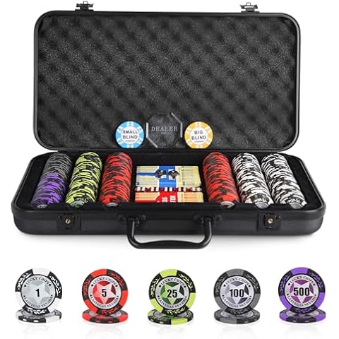 ORIENGEAR Poker Chip Set with Denominations, 300 PCS 14 Gram Clay Composite Casino Chips with ABS Case & 2 Decks of Plastic Cards, for Texas Holdem Blackjack Gambling Games Cover