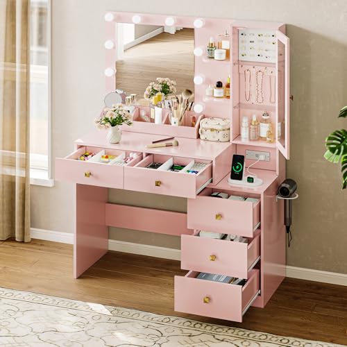 Image of HUANLEGO Vanity Desk with Mirror and Lights, Pink Makeup Vanity Set with 5 Drawers, Jewelry Organizer& LED Glass Cabinet, 3 Light Mode Dressing Table for Girls, Vanities Mirror with Lights Desk