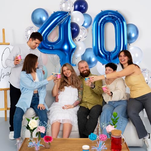 Image of Large Foil Number 40 Balloons, Big Light Navy Blue 40 Helium Balloon with Metallic Silver Confetti Balloon for Men 40th Birthday Party Decor, Mylar Self Inflating 40 Balloon for Graduation Decorations