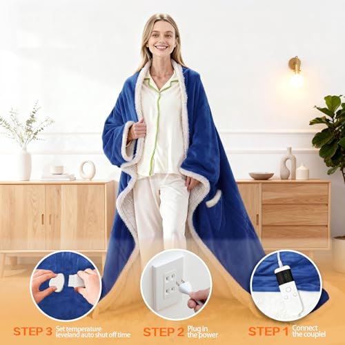 Image of Wearable Heated Blanket With Sleeves & Foot Pocket, Heated Throw Blankets Fast Heating Blanket With 10 Heat Settings Auto Shut Off Over-Heat Protection-Warm Gift, Machine Washable, 52 inch*72 inch+18 inch
