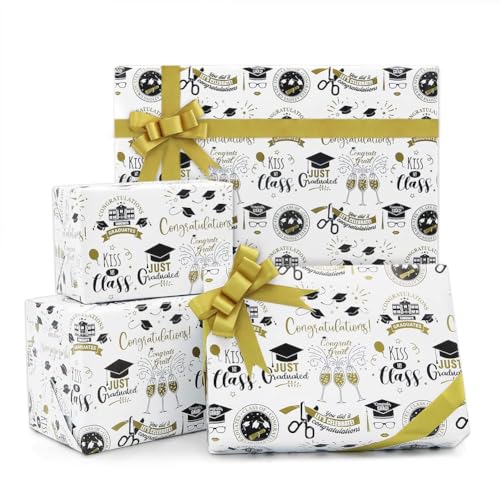 Graduation Wrapping Paper 2026, 6 Sheets White and Gold Grad Gift Wrap Papers, Flat Wrap with 1Roll Gold Ribbon for Ceremony Party Grade Class Celebrations Graduation Decorations