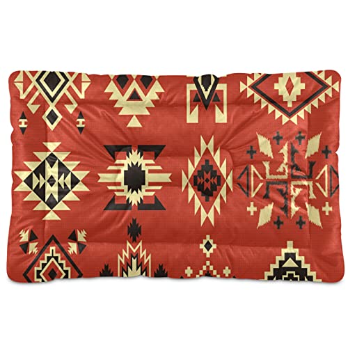 Oyihfvs Native American Tribal Ethnic Elements Vector Pattern on Red Board Dog Pet Soft Bed Mat Comfortable Mattress, Non-Slip Washable for Puppy Cat Kennel Rectangle Blanket Sleeping Pad 36x24 inch