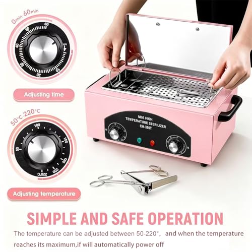 High Temperature Metal Cleaning Box,Misforu 1.5L Dry Heat Cabinet High Temp with Stainless Tray Timer and Handle for Nail Art Tool Salon Hairdressing Tool Earrings 300W (Pink) - Imagem 3