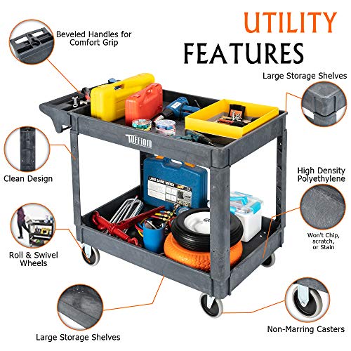 TUFFIOM Plastic Service Utility Cart with Wheels, 550lbs Capacity, Heavy Duty Tub W/Deep Shelves, Multipurpose Rolling Extra Large 2-Tier Mobile Storage Organizer, Warehouse Garage Industrial Cart - Thumbnail 3