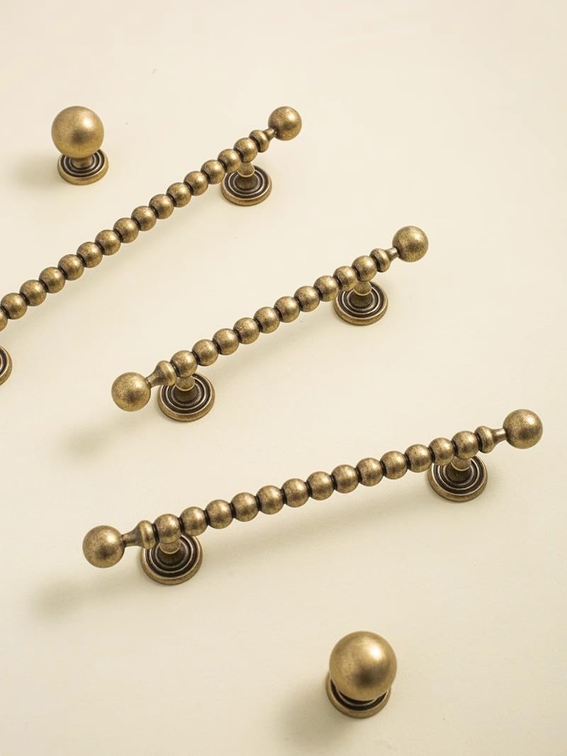 MFYS Antique Brass Cabinet Pulls Handles Vintage Beads Drawer Knob Kitchen Retro Dresser Knob Unique Furniture Hardware (1, Antique Brass, 6 5/16" Hole to Hole)
