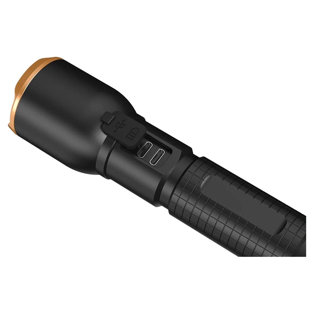 Duracell Latarka LED DF6000R Pro – 6000 lumenów, z możliwością ustawiania ostrości, zasięg świecenia 230 m, do użytku na zewnątrz i w warsztacie, do ponownego ładowania USB-C, 2 x akumulator