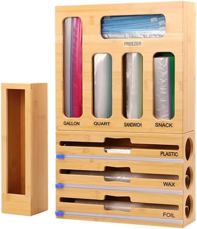 GenericGeneric 9 in 1 Plastic & Foil Wrap Dispenser with Cutter and Ziplock Bag organizer. Bamboo Foil and Plastic Wrap Organizer for Kitchen Drawer. Keeps Gallon, Quart, Sandwitch, and Snack bags Organized.