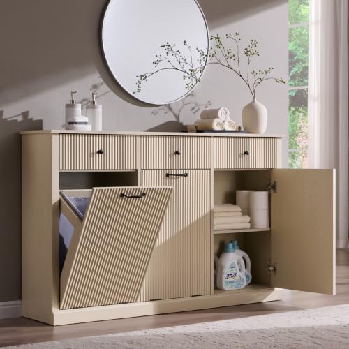 Image of IFBUY Triple Tilt Out Laundry Hamper Cabinet, Trash Can Cabinet, Cream