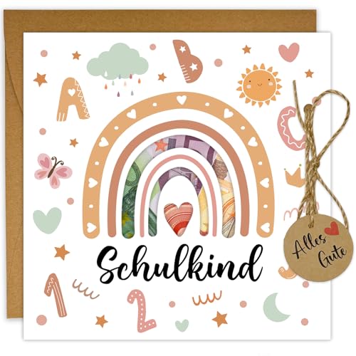 JOYEASE Regenbogen Geldgeschenk Einschulung Karte mit Umschlag Glückwunschkarte Schulanfang Geschenke für Mädchen Geschenk zur Einschulung Mädchen Jungen