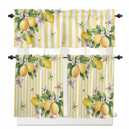 Lemon Flower Kitchen Curtains 36 Inch Length,3 Piece Rod Pocket Small Half Tiers and Valance Set,Yellow Vertical Stripes Butterfly Farmhouse Small Large Window Treatment Decor for Bedroom/Bathroom