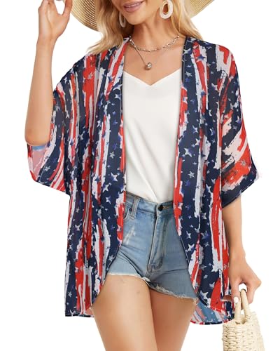 Image of Women's Floral Print Puff Sleeve Kimono Cardigan Loose Cover Up Casual Blouse Tops 2026