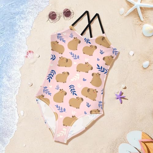 Image of Girls One Piece Swimsuits Cute Capybara Simple Flower Yellow Pattern Cute Swimwear Bathing Suits 3-10T