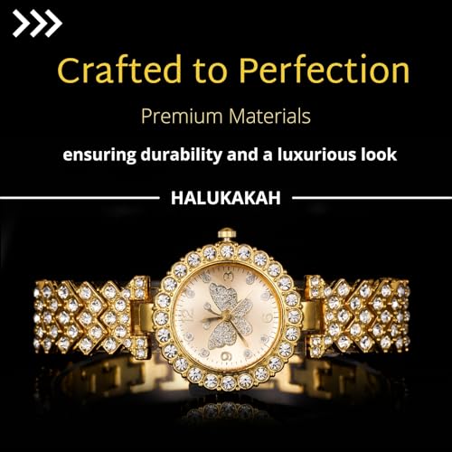 Halukakah Diamonds Watch Iced Out for Girl Teens Kids - 18K Real Gold/Platinum Plated,29mm Butterfly Pattern Dial,Japanese Quartz - 7.7" Length - Optional with Cuban Link Chain - for Birthday,Parties4