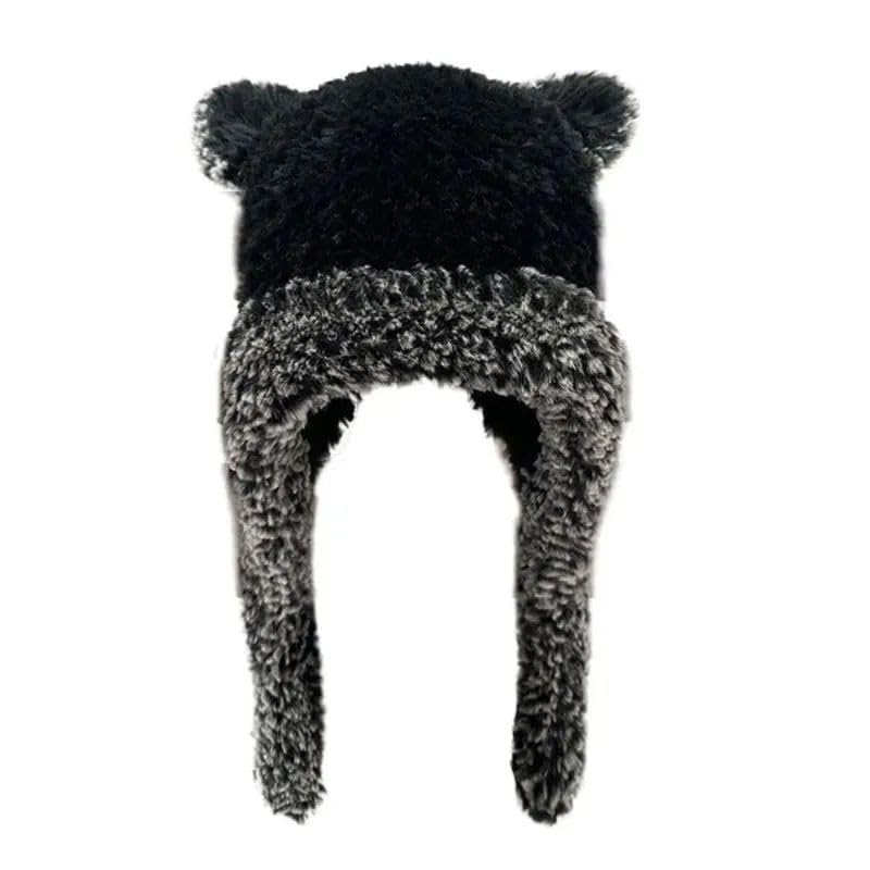 Bear Ears Plush Bucket Hat Ear Protection Soft Cold Autumn Winter Warm Head Wrap Women Female Black BZ_black Bear Ears Plush Hat-image-37