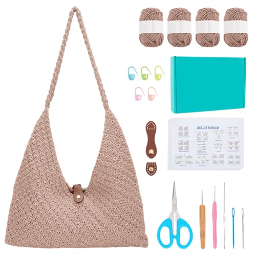 Image of ACRNIGHEET Crochet Beach Bag Kit for Beginners Khaki Tote Bag Knitting Kit with Yarn and Hook DIY Craft Kits Gift for Adults with Video Guide Tutorial