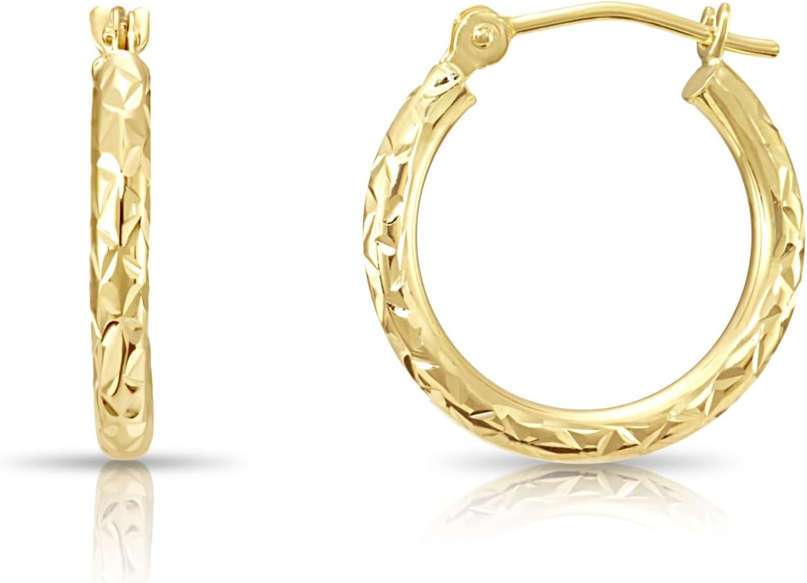 14K Yellow Gold Round Hoop Earrings with X Pattern Diamond-cut Design