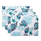 Fiesta Coastal Coral Indoor/Outdoor Placemat Set, 13'x18', White/Blue/Aqua, 4 Piece