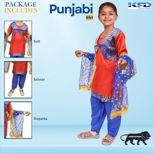 Image of Kaku Fancy Dresses Punjabi Girl Ethnic Costume for Kids - Red & Blue Salwar Suit Dress with Dupatta | Indian State Fancy Dress for Girls (5-6 Years)