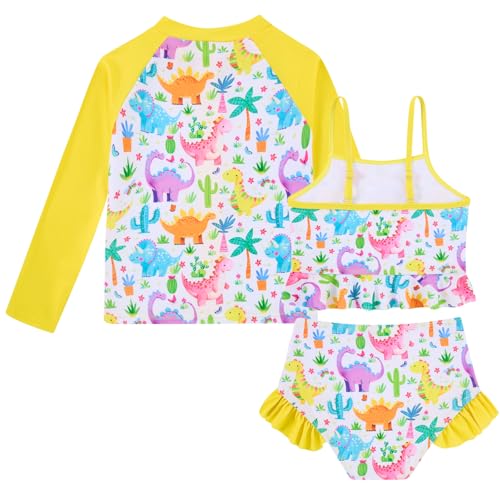 Image of Funnycokid Girls Swimsuit Kids Bathing Suit Rashguard Swimwear Long Sleeve 3 Piece Toddler 3-7 Years