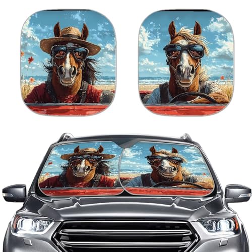 Image of Fashion Horse Car Windshield Sun Shade 2-Piece Foldable Car Sunscreen Blocks UV Rays and Keeps Vehicle Cool for Most Sedan Truck SUV