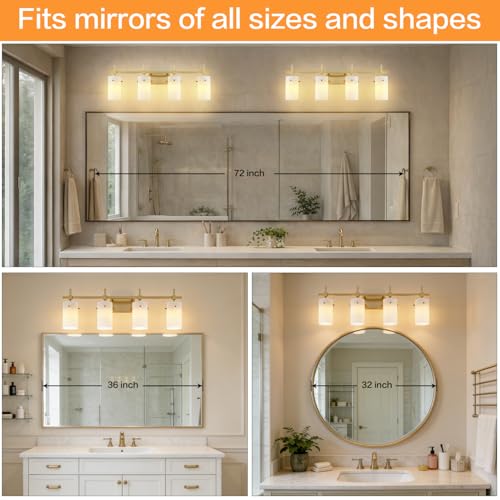 Image of SOLFART Bathroom Light Fixtures, 4 Light Vanity Lights for Bathroom, Gold Wall Light with Milky White Glass for Mirror, Living Room, Hallway, Cabinet, E26 Base (Bulbs Not Included)