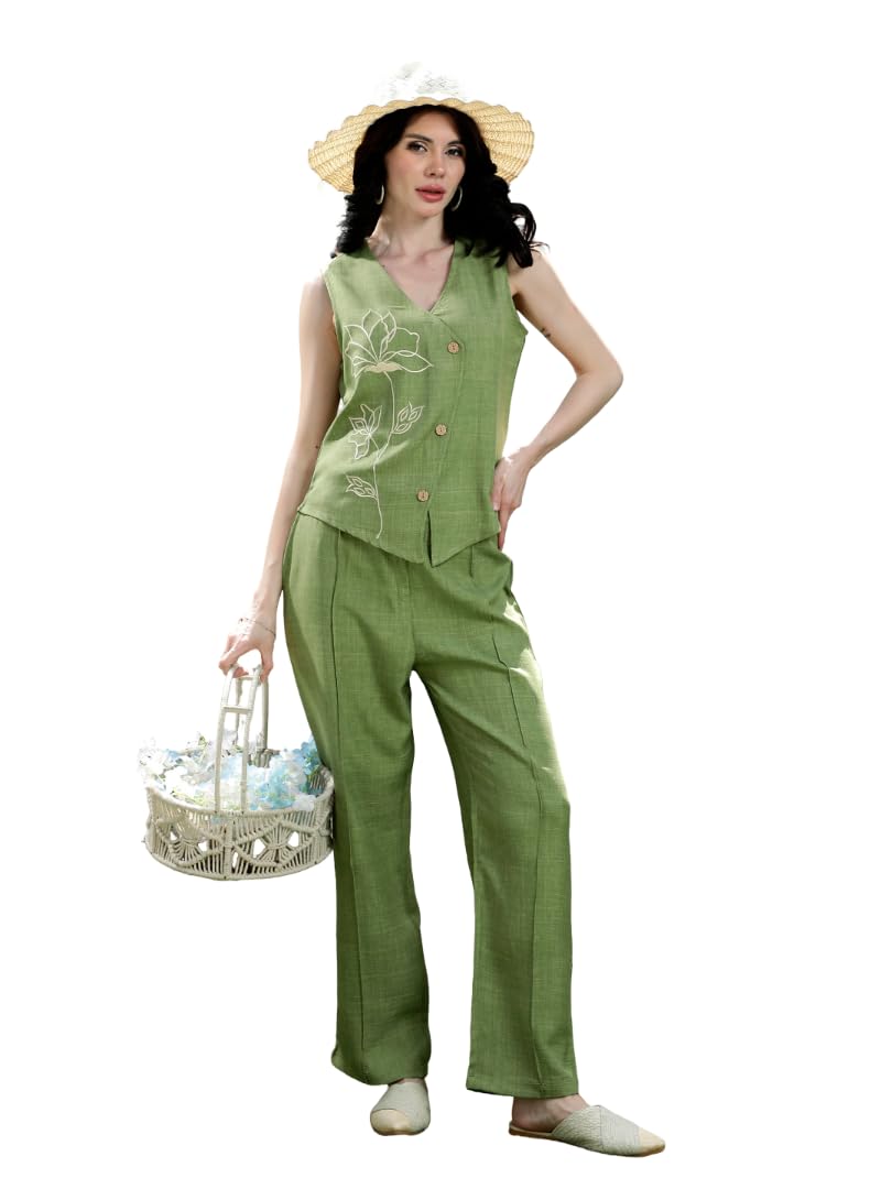 athena lifestyle Athena Green Linen Floral Embroidered Bohemian Co-Ord Set-picture-13