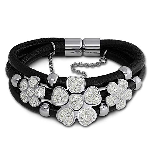 Amello Zirkonia Blüte Armband schwarz Silber weiß Damen Leder Edelstahl LAQ003S9 Leder Armband Cover