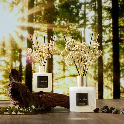 Image of COCORRINA Reed Diffuser - Black Forest 17 Fl.oz Reed Diffuser with 8 Sticks Scented Diffuser with Preserved Flowers for Bathroom Home Decor